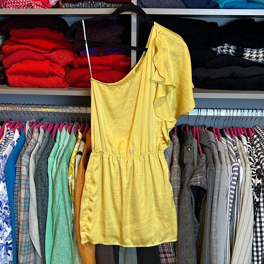 Cotton Candy yellow satin elastic waistband one shoulder dress size S NWOT